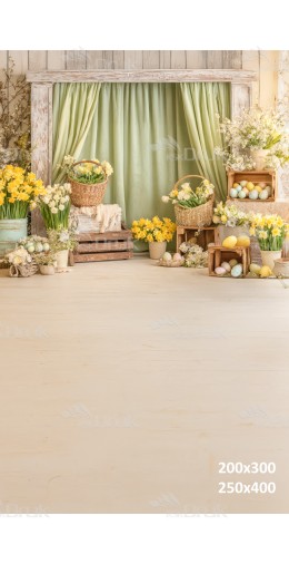 Tło fotograficzne „Wielkanocna rustykalna scenografia z zieloną zasłoną, narcyzami i dekoracjami” | E699